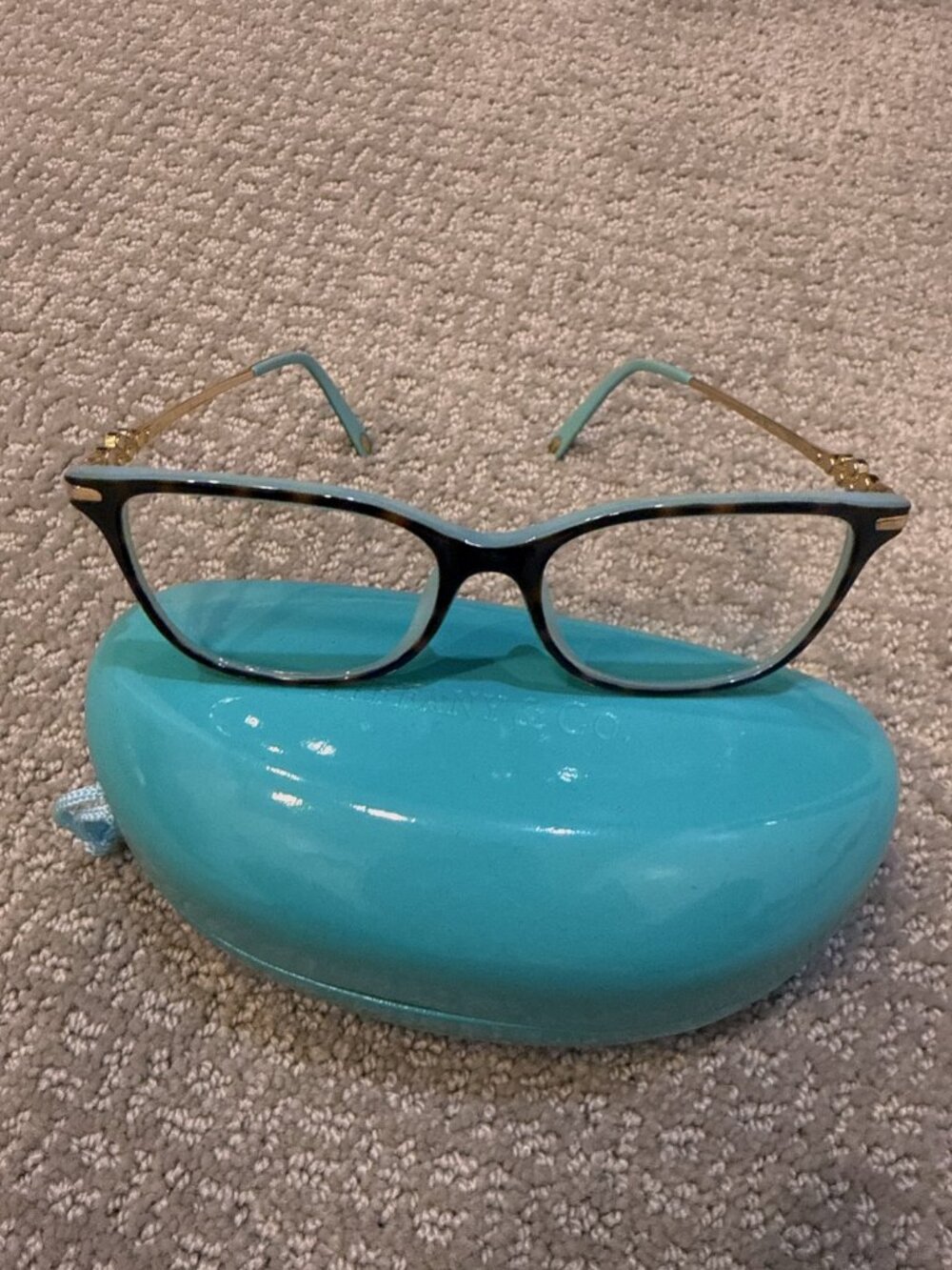 Tiffany & Co. Havana Tortoise Blue Crystal Eyeglass Frames w/ Case & Pouch